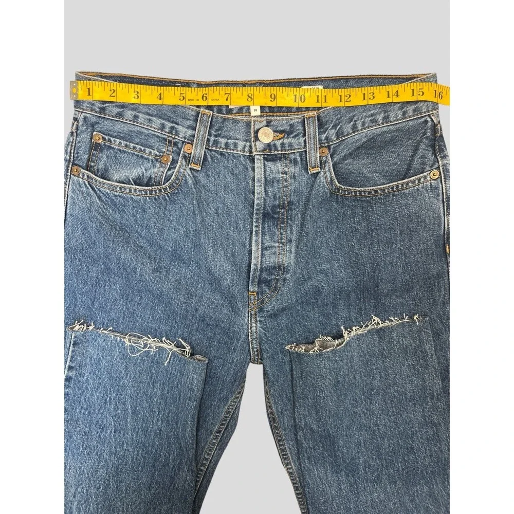 REDONE Originals High Rise Stove Pipe Cotton Button-Fly Raw Hem Blue Jeans 30‎